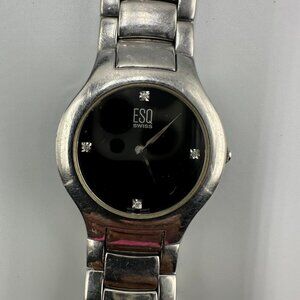 ESQ Swiss Watch Men Silver Tone Black Dial 36MM Round Broken Clasp New Battery